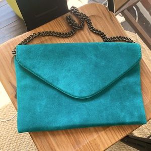 Teal suede J Crew clutch with chain strap